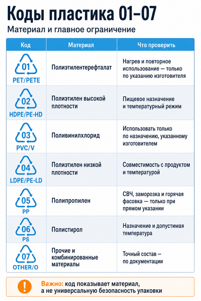Код указывает материал упаковки. Назначение, температурный режим и допустимые способы использования проверяют отдельно. Коды пластика 01–07: материалы и ограничения по применению