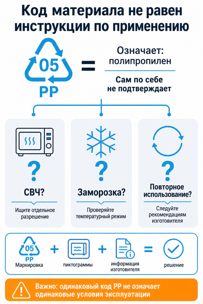 PP 05 обозначает полипропилен. Допустимость СВЧ, заморозки и повторного использования проверяют по дополнительным пиктограммам и информации изготовителя. Почему код PP 05 не подтверждает возможность нагревания, заморозки и повторного использования